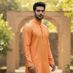Men's Peach Mandarin Collar Straight Fit Kurta