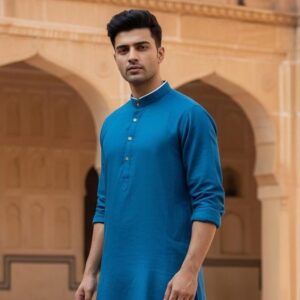 Men's Teal Blue Cotton Kurta with White Pajama Set