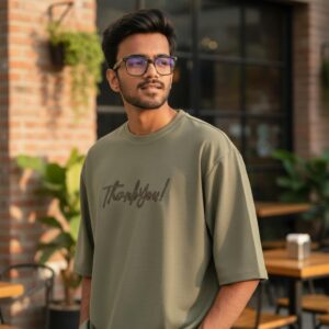 Men's Premium Olive Green "Thank You!" Script Oversized T-Shirt